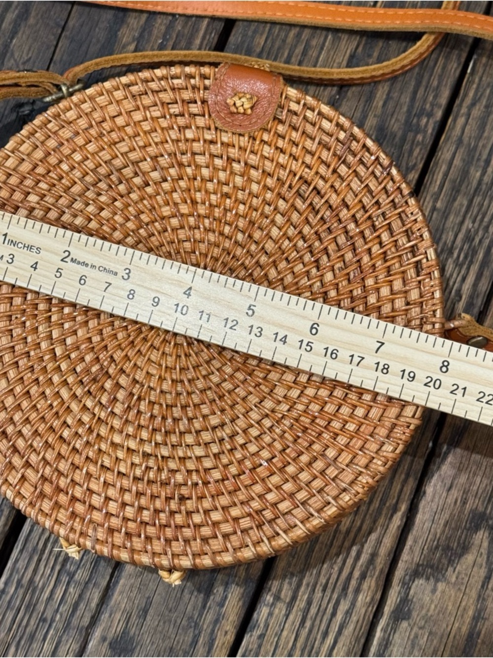 Woven Basket Round Crossbody Bag Purse in Tan / Brown with Tropical Lining - Picture 7 of 7